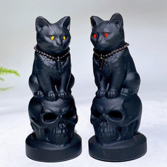 4.0" Black Obsidian Cat on Skull Carving Crystal Healing Bulk Wholesale