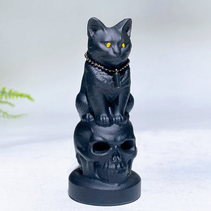4.0" Black Obsidian Cat on Skull Carving Crystal Healing Bulk Wholesale