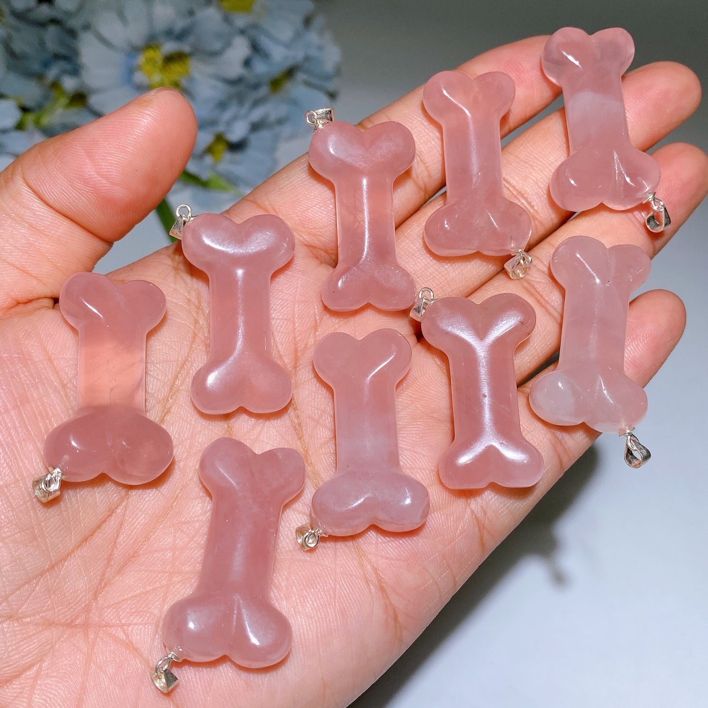 32mm S925 Rose Quartz Bone Pendant Crystal Healing Bulk Wholesale