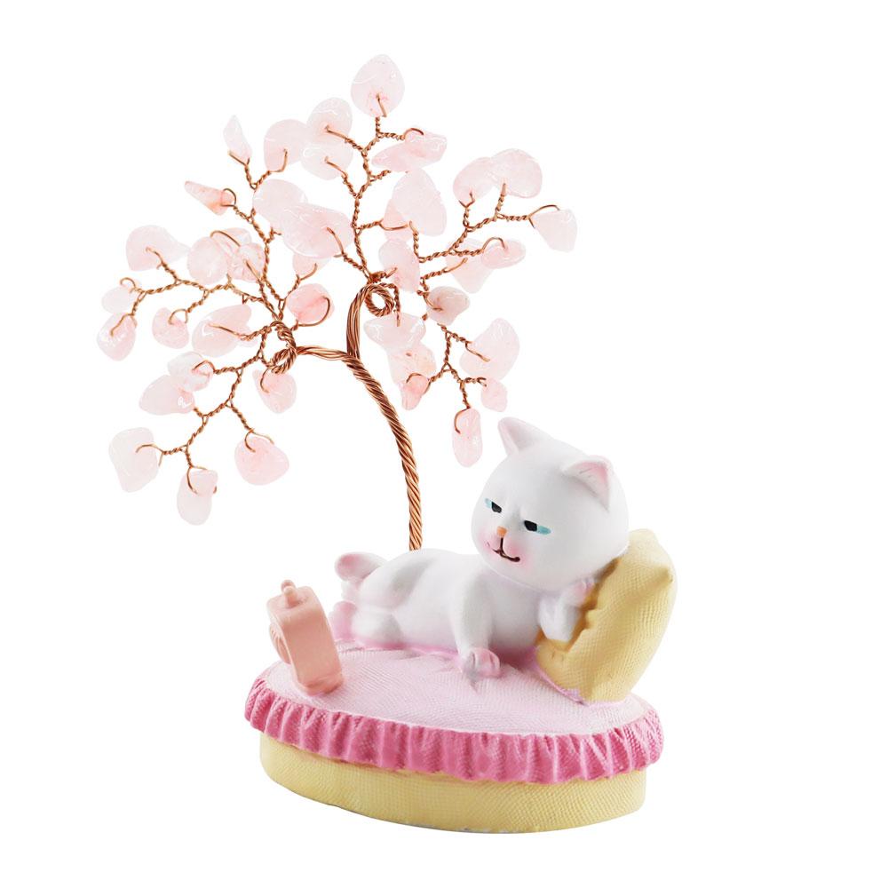 Wealth and Luck Crystal Money Tree with Cute Resin Little Cat  for Home Decor