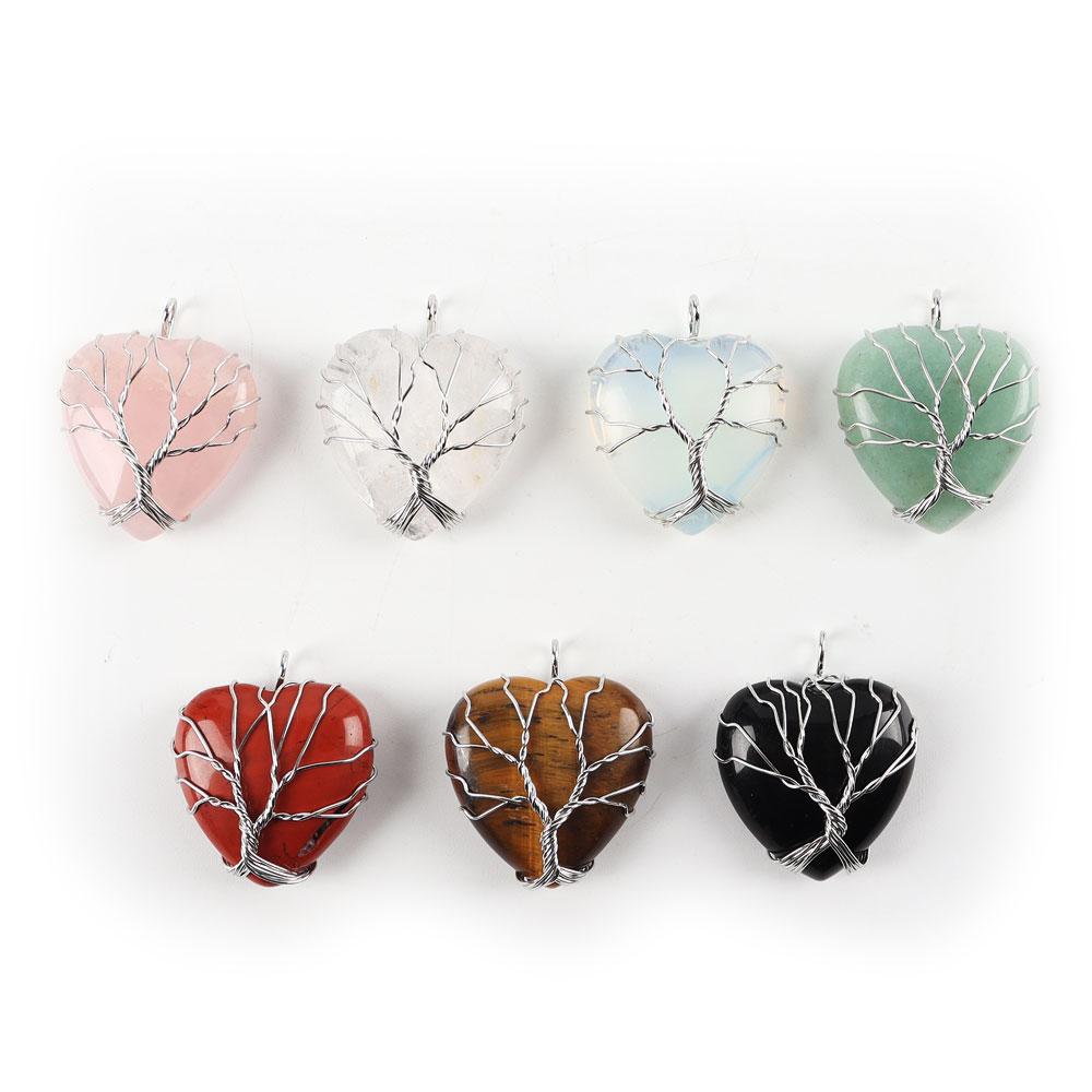 Silver Tree Of Life Wire Wrapped Heart Shape Stone Pendant Wholesale Crystals USA