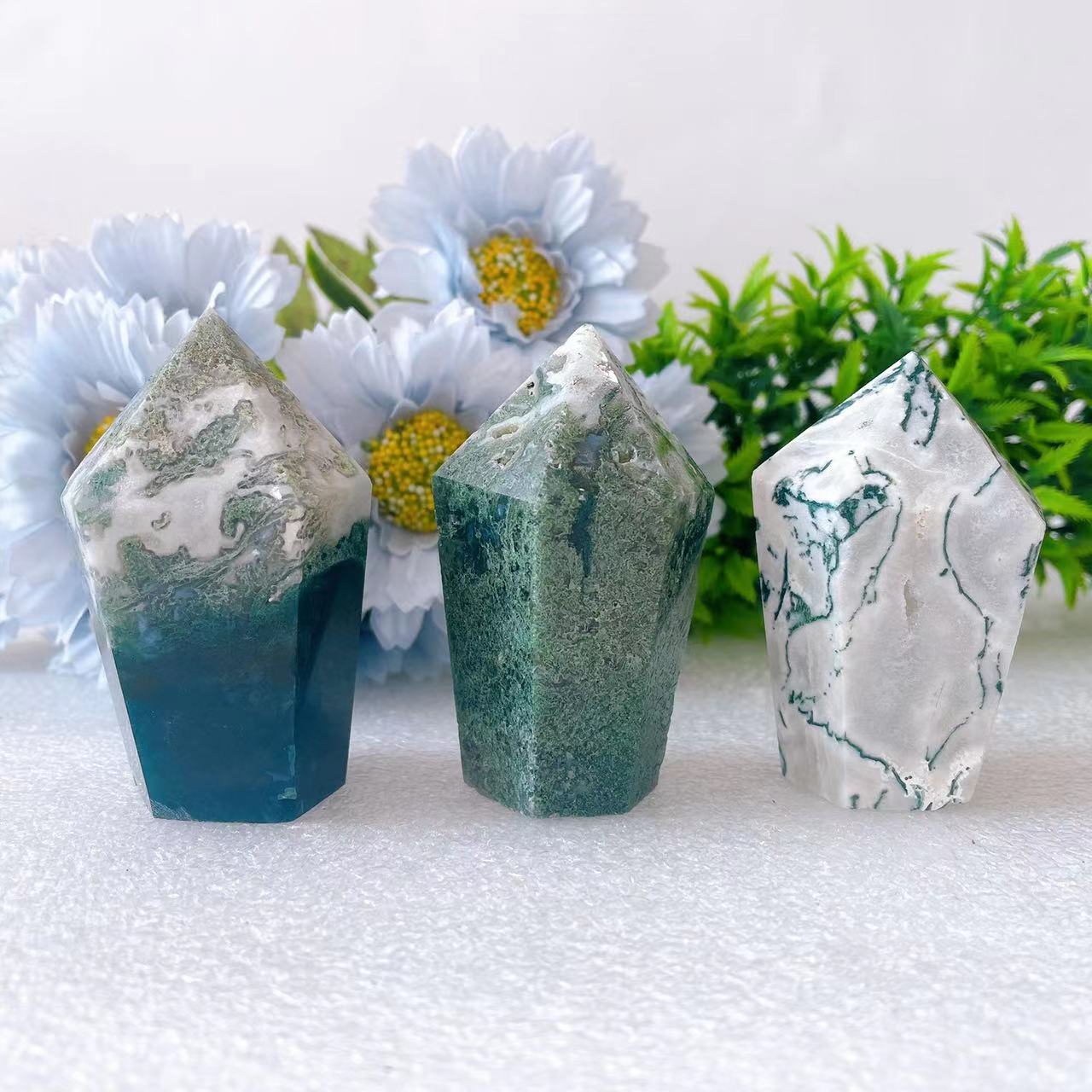 2.5"-2.8" Moss Agate Hexagonal Crystal Point Wholesale Crystals USA