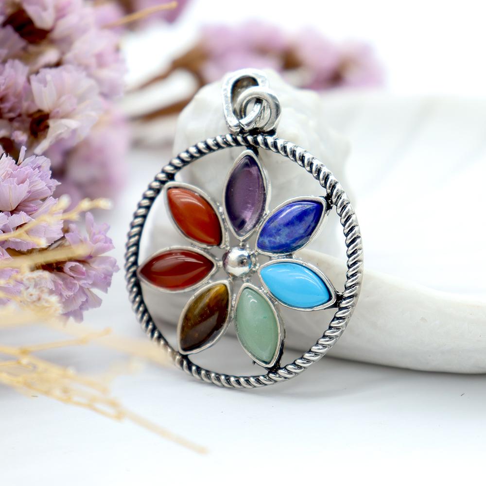 Stainless Steel Vintage Gothic Buddhist Tibetan Lotus 7 Chakra Gemstone Pendant Wholesale Crystals USA