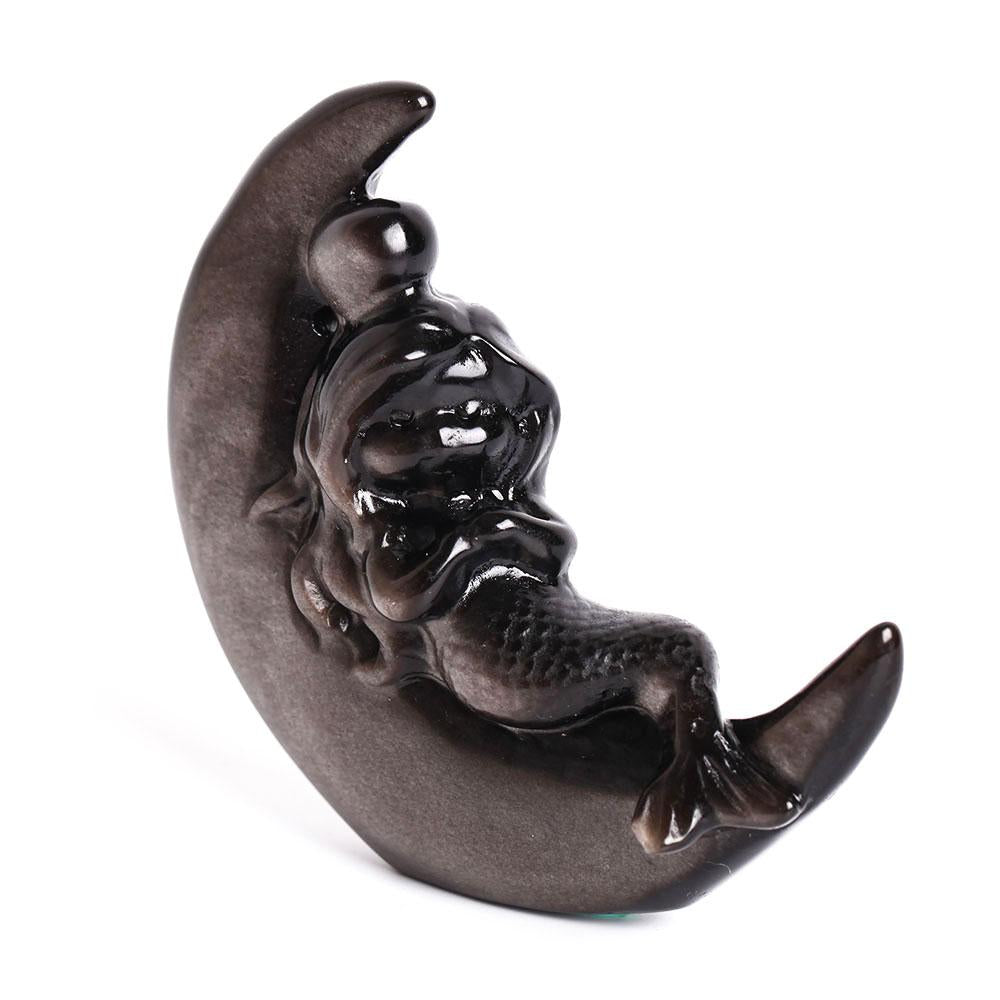 Silver Obsidian Moon with Mermaid Carving Decor Wholesale Crystals USA