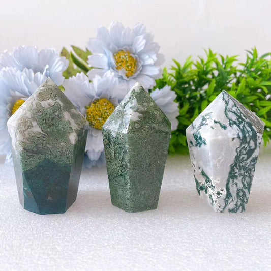 2.5"-2.8" Moss Agate Hexagonal Crystal Point Wholesale Crystals USA