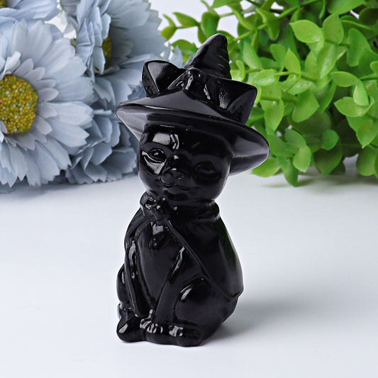 3.5" Black Obsidian Cat with Witch's Hat Crystal Carvings Wholesale Crystals USA