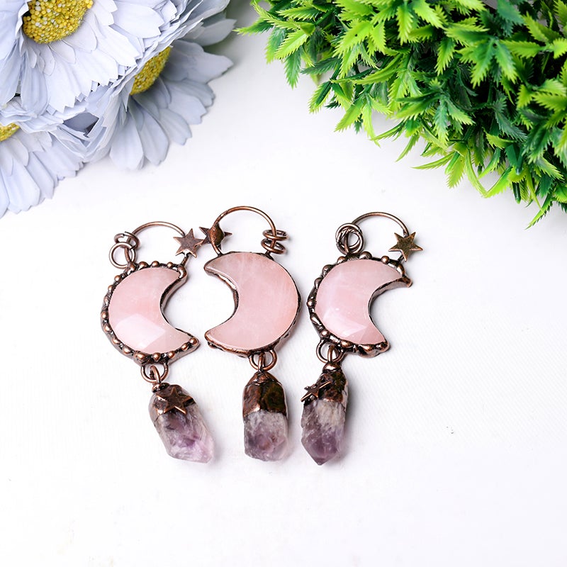 3.7" Rose Moon Amethyst Pendant Key Chain DIY Wholesale Crystals USA
