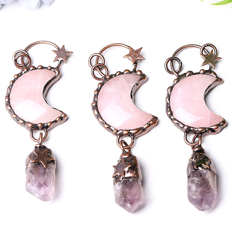 3.7" Rose Moon Amethyst Pendant Key Chain DIY Wholesale Crystals USA