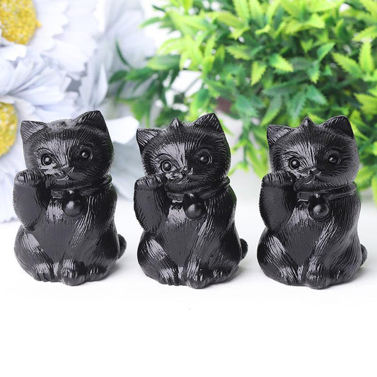 2" Black Obsidian Cute Cat Crystal Carvings for Halloween Wholesale Crystals USA