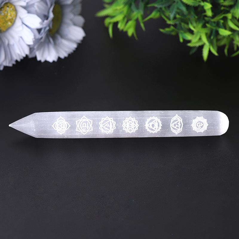 6" White Selenite Wand with Laser Engraved Chakra Pattern
