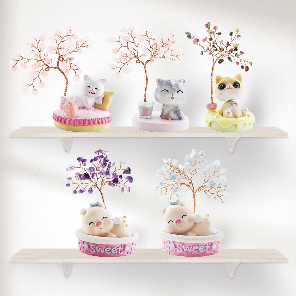 Wealth and Luck Crystal Money Tree with Cute Resin Little Cat  for Home Decor