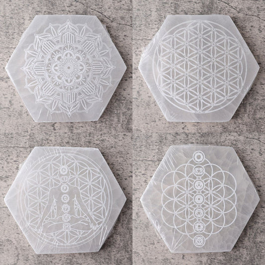 6" Hexagon Selenite Coaster with Printing Wholesale Crystals USA