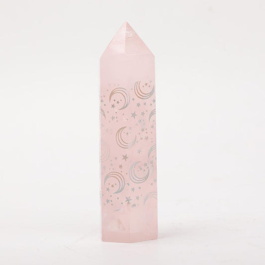 Rose Quartz Point with Laser Engraved Pattern Wholesale Crystals USA