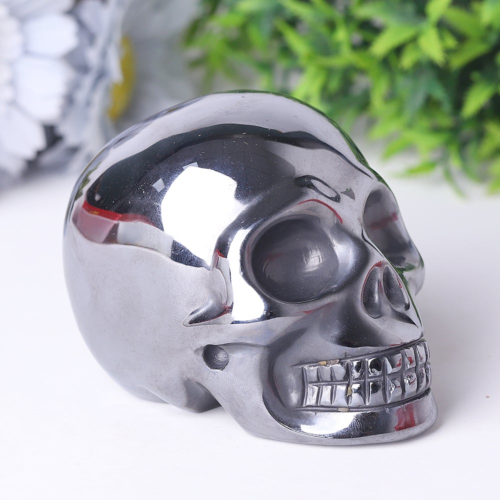 3.5" Unique Terahertz Skull Carvings for Halloween Hematite
