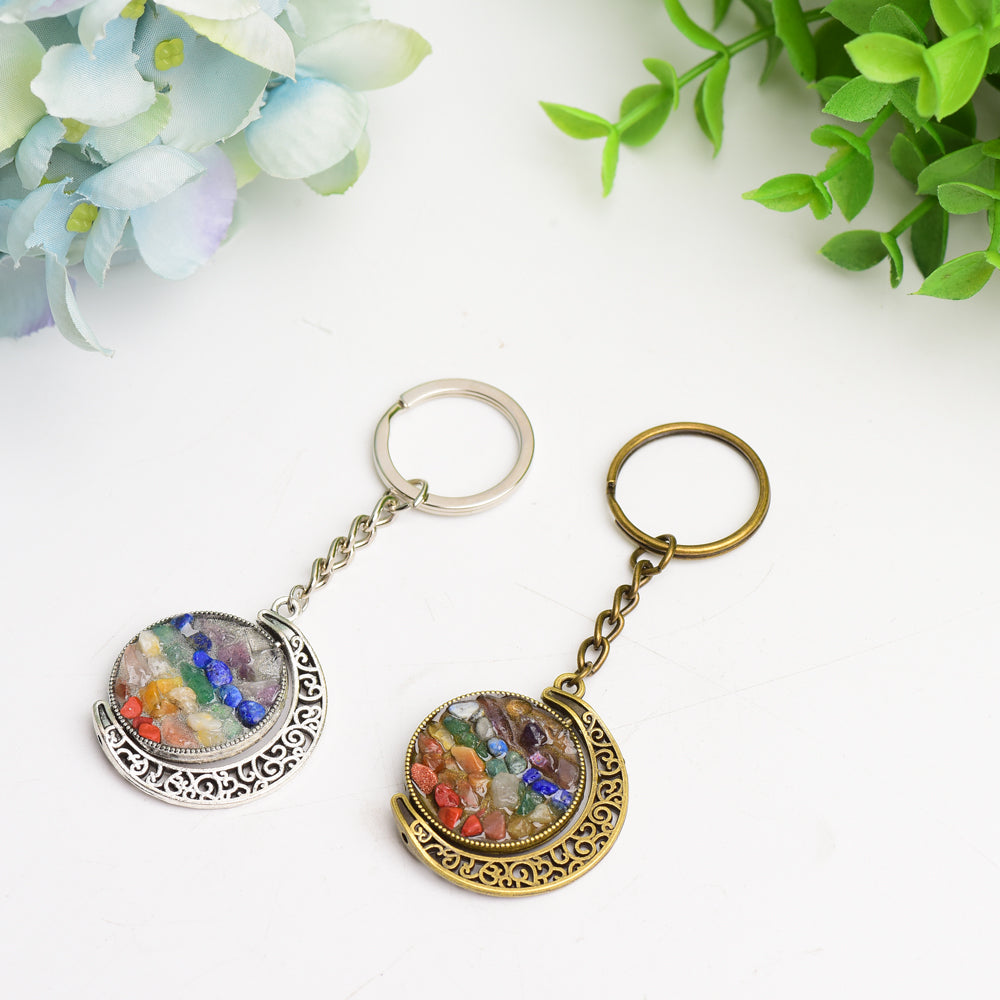 Golden Silver Moon with Chakra Key Chain  Crystals USA