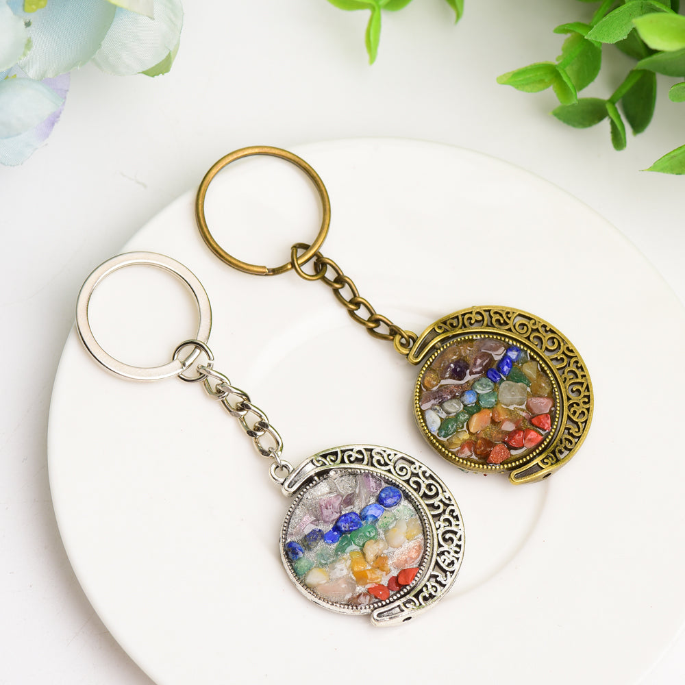 Golden Silver Moon with Chakra Key Chain  Crystals USA