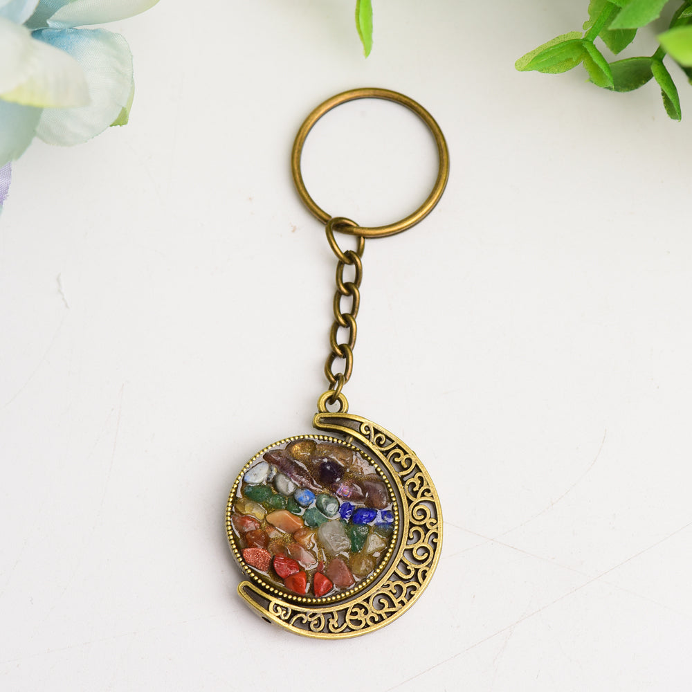 Golden Silver Moon with Chakra Key Chain  Crystals USA