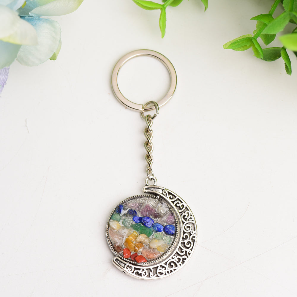 Golden Silver Moon with Chakra Key Chain  Crystals USA