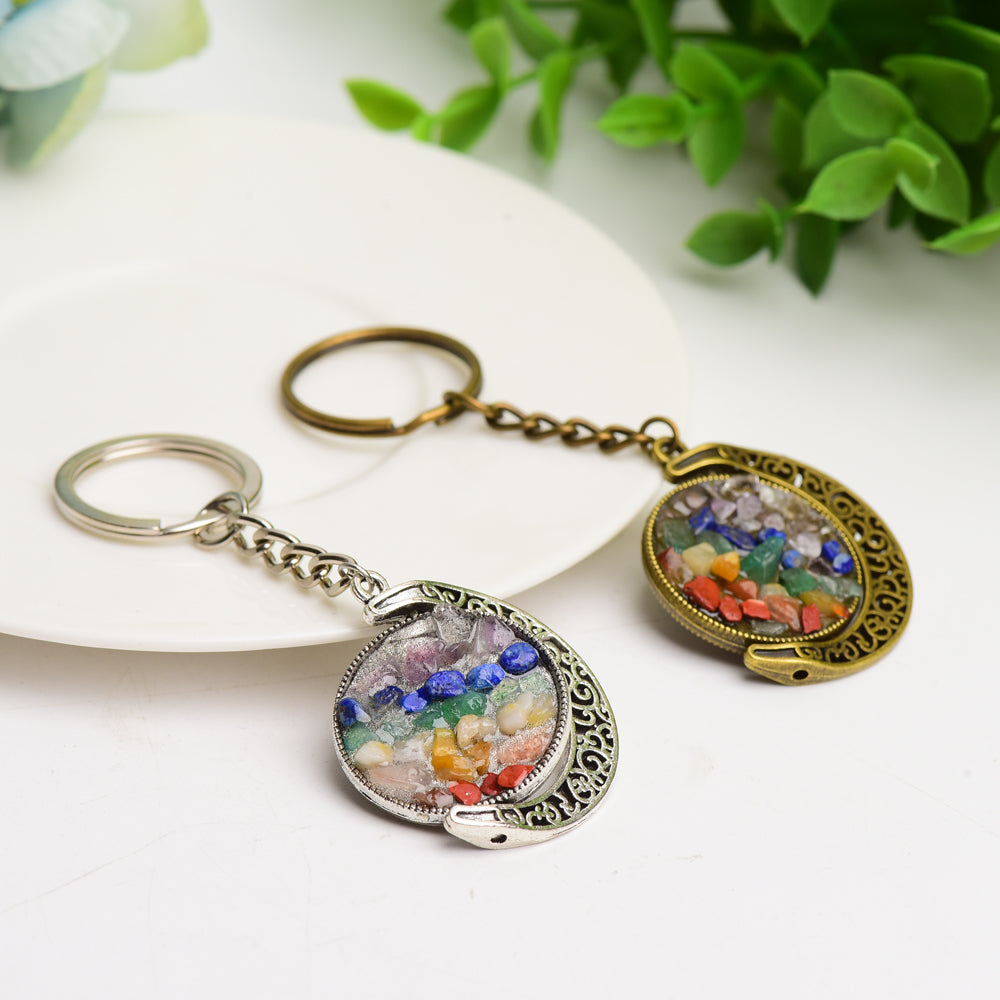 Golden Silver Moon with Chakra Key Chain  Crystals USA