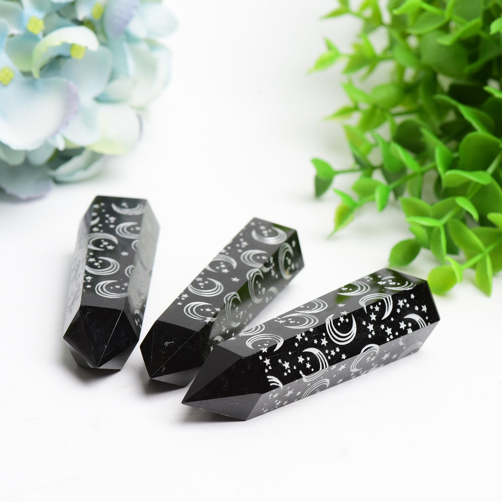 3.0"-3.5" Black Obsidian Crystal Point with Silver Moon Star Printing Bulk Wholesale  Crystals USA