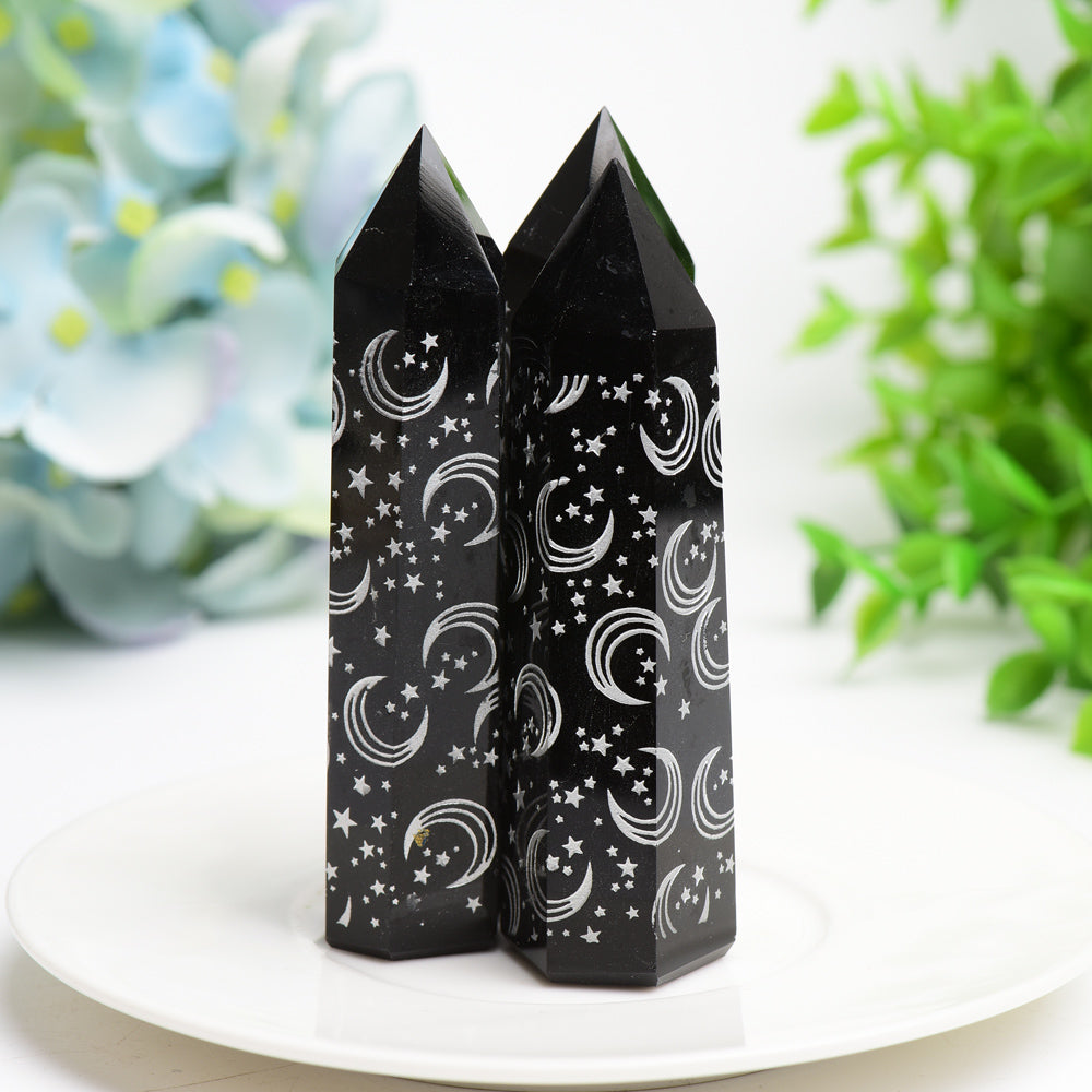 3.0"-3.5" Black Obsidian Crystal Point with Silver Moon Star Printing Bulk Wholesale  Crystals USA