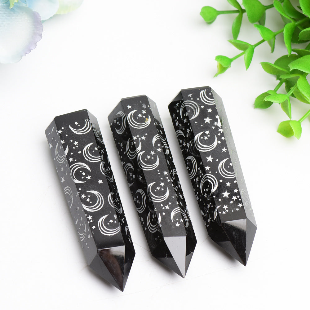 3.0"-3.5" Black Obsidian Crystal Point with Silver Moon Star Printing Bulk Wholesale  Crystals USA