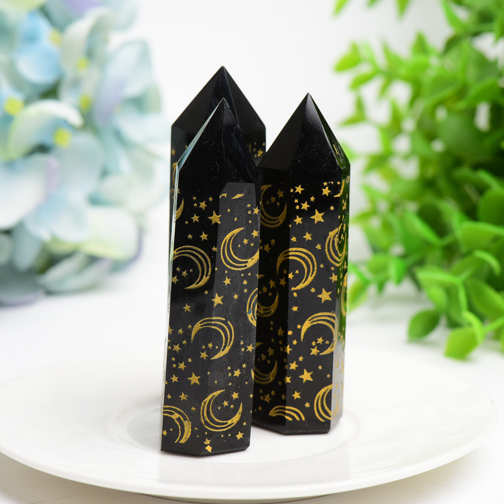 3.0"-3.5" Black Obsidian Crystal Point with Golden Moon Star Printing Bulk Wholesale  Crystals USA