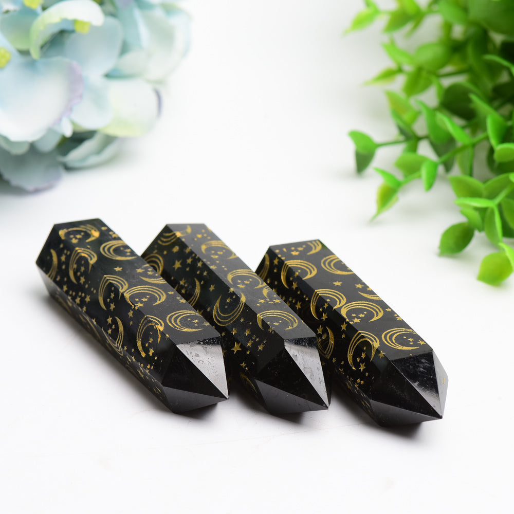3.0"-3.5" Black Obsidian Crystal Point with Golden Moon Star Printing Bulk Wholesale  Crystals USA