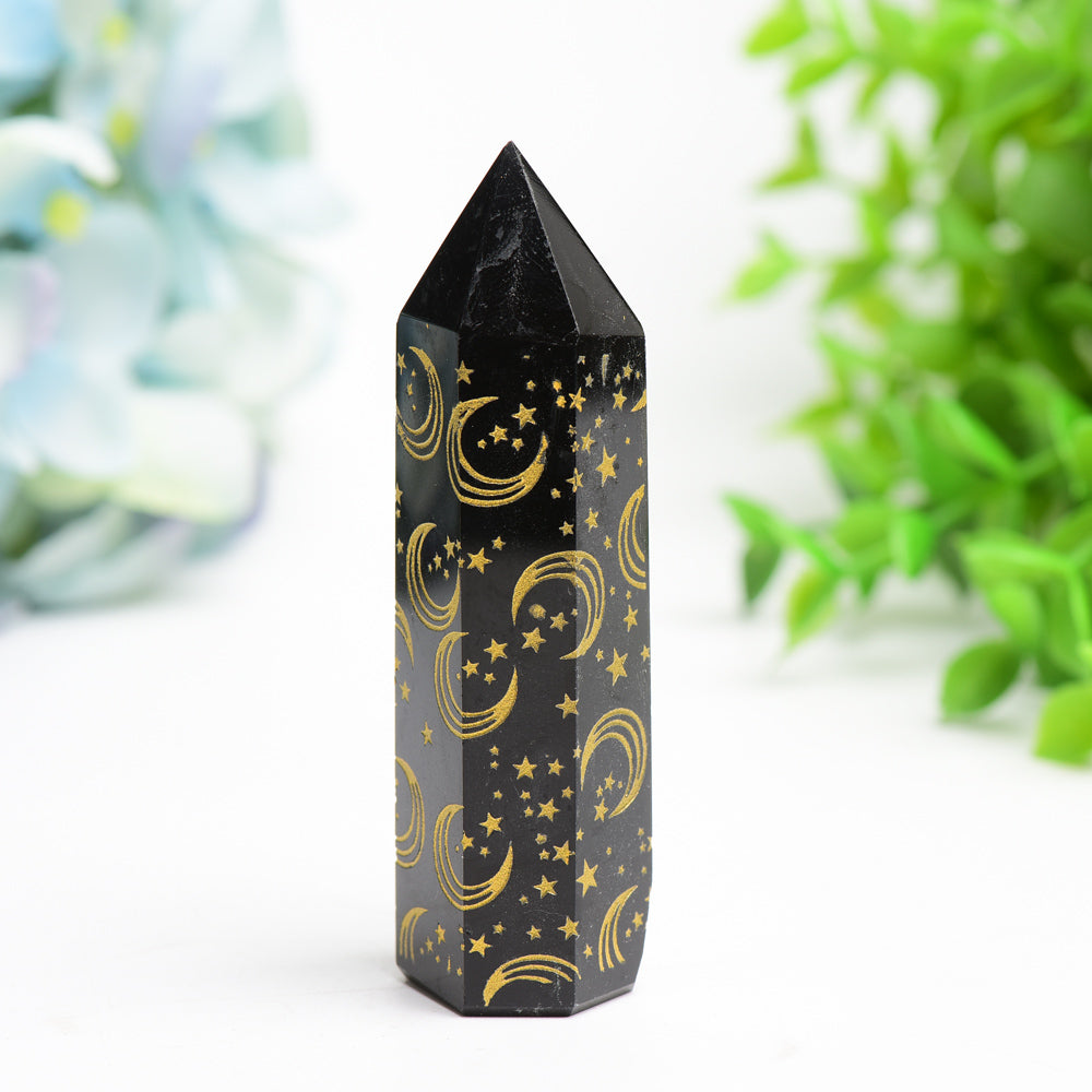 3.0"-3.5" Black Obsidian Crystal Point with Golden Moon Star Printing Bulk Wholesale  Crystals USA