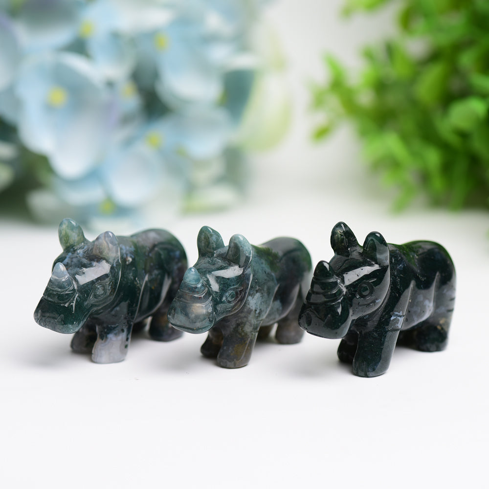2.2" Moss Agate Rhinoceros Animal Crystal Carving Wholesale Crystals USA