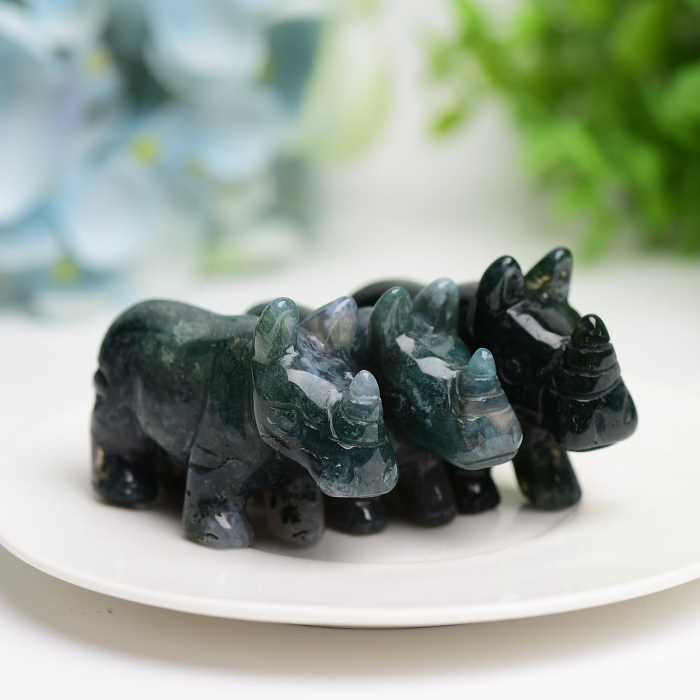 2.2" Moss Agate Rhinoceros Animal Crystal Carving Wholesale Crystals USA