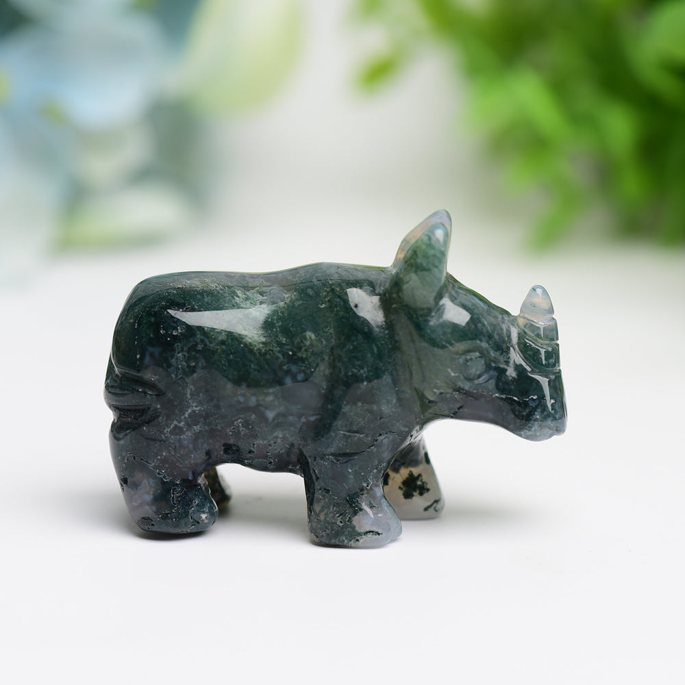 2.2" Moss Agate Rhinoceros Animal Crystal Carving Wholesale Crystals USA