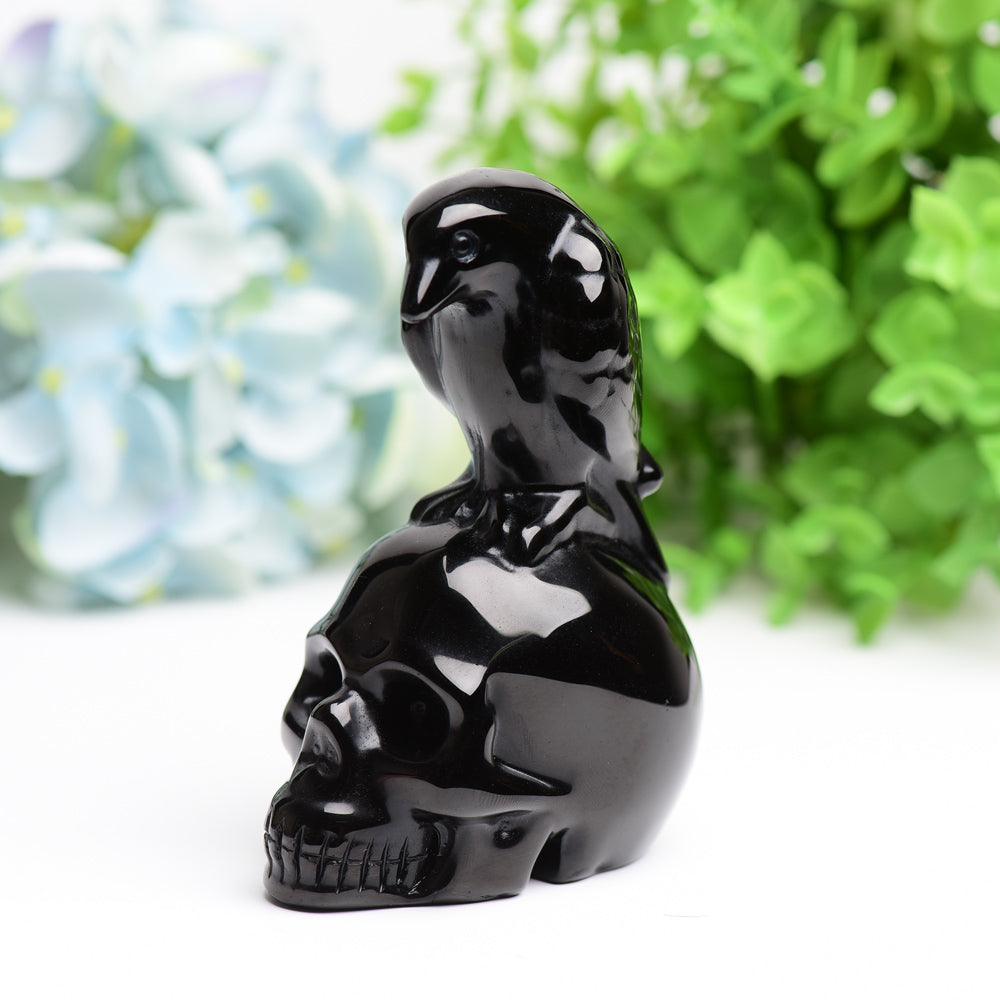 4.5" Black Obsidian Skull with Raven Decor for Halloween Wholesale Crystals USA