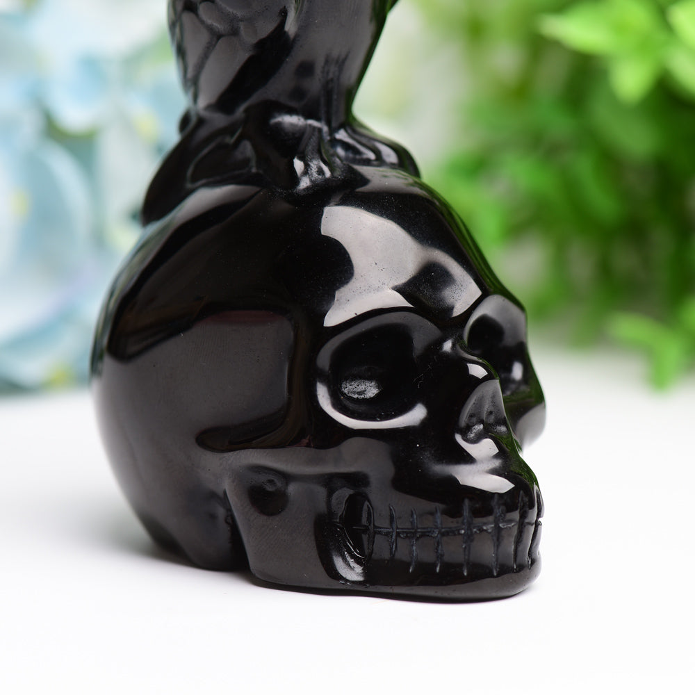 4.5" Black Obsidian Skull with Raven Decor for Halloween Wholesale Crystals USA