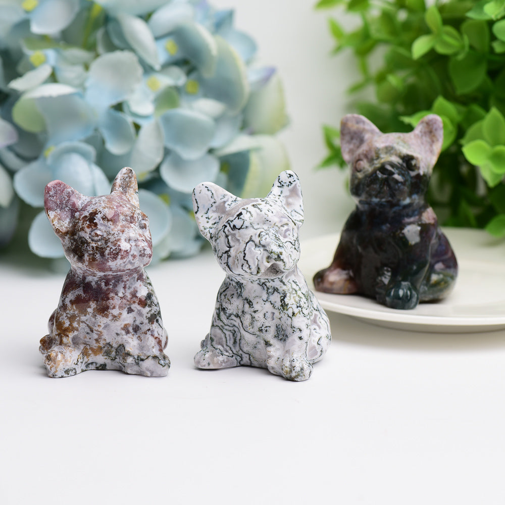 2.4" Moss Agate Bulldog Animal Crystal Carving Wholesale Crystals USA