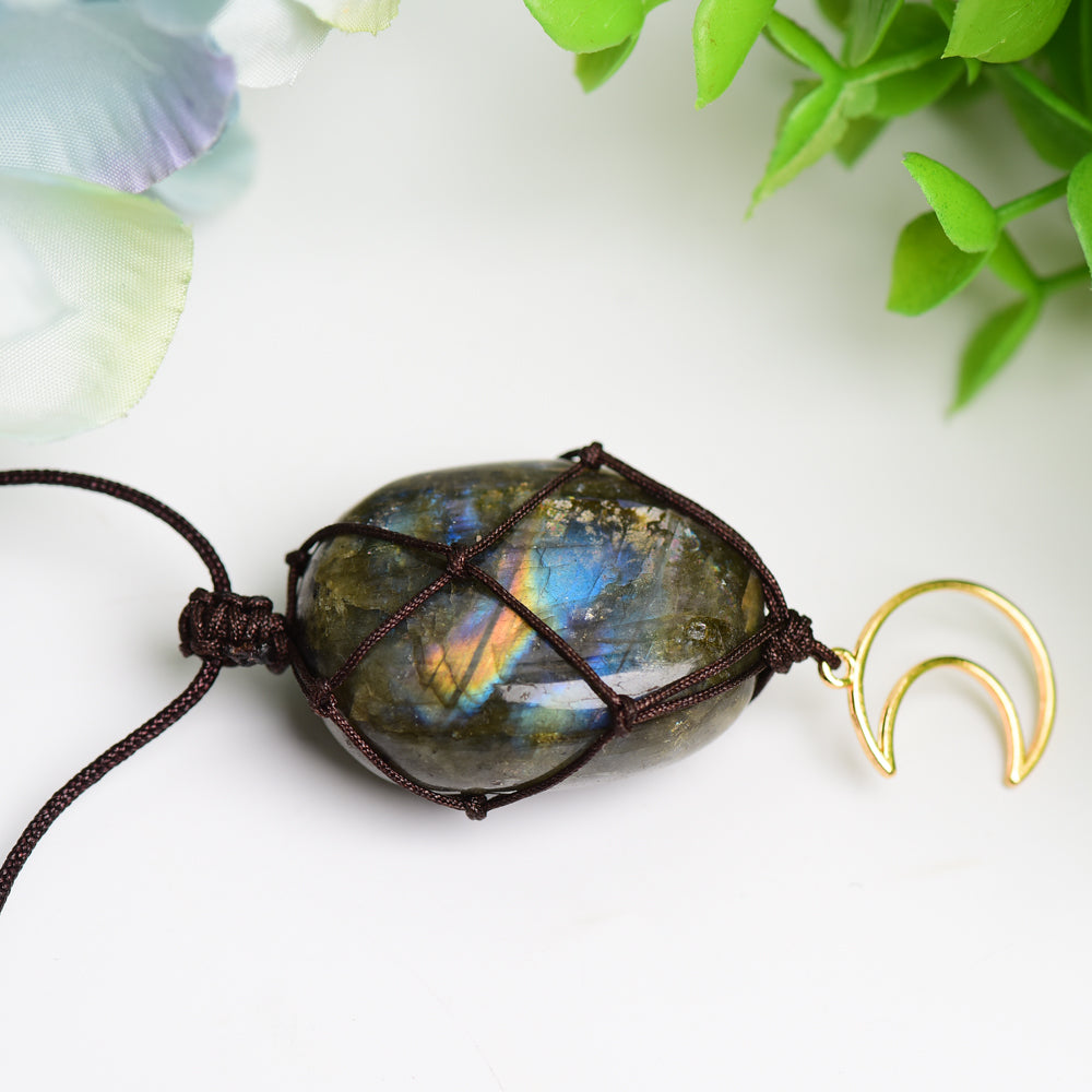 Rope Warrped Labradorite Stone Necklace with metal Moon Decor Bulk Wholesale Wholesale Crystals USA