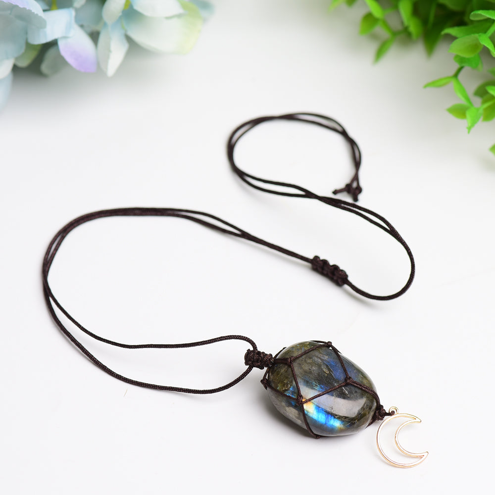 Rope Warrped Labradorite Stone Necklace with metal Moon Decor Bulk Wholesale Wholesale Crystals USA