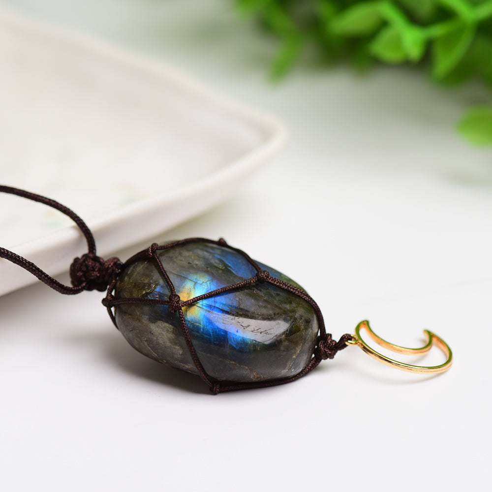 Rope Warrped Labradorite Stone Necklace with metal Moon Decor Bulk Wholesale Wholesale Crystals USA