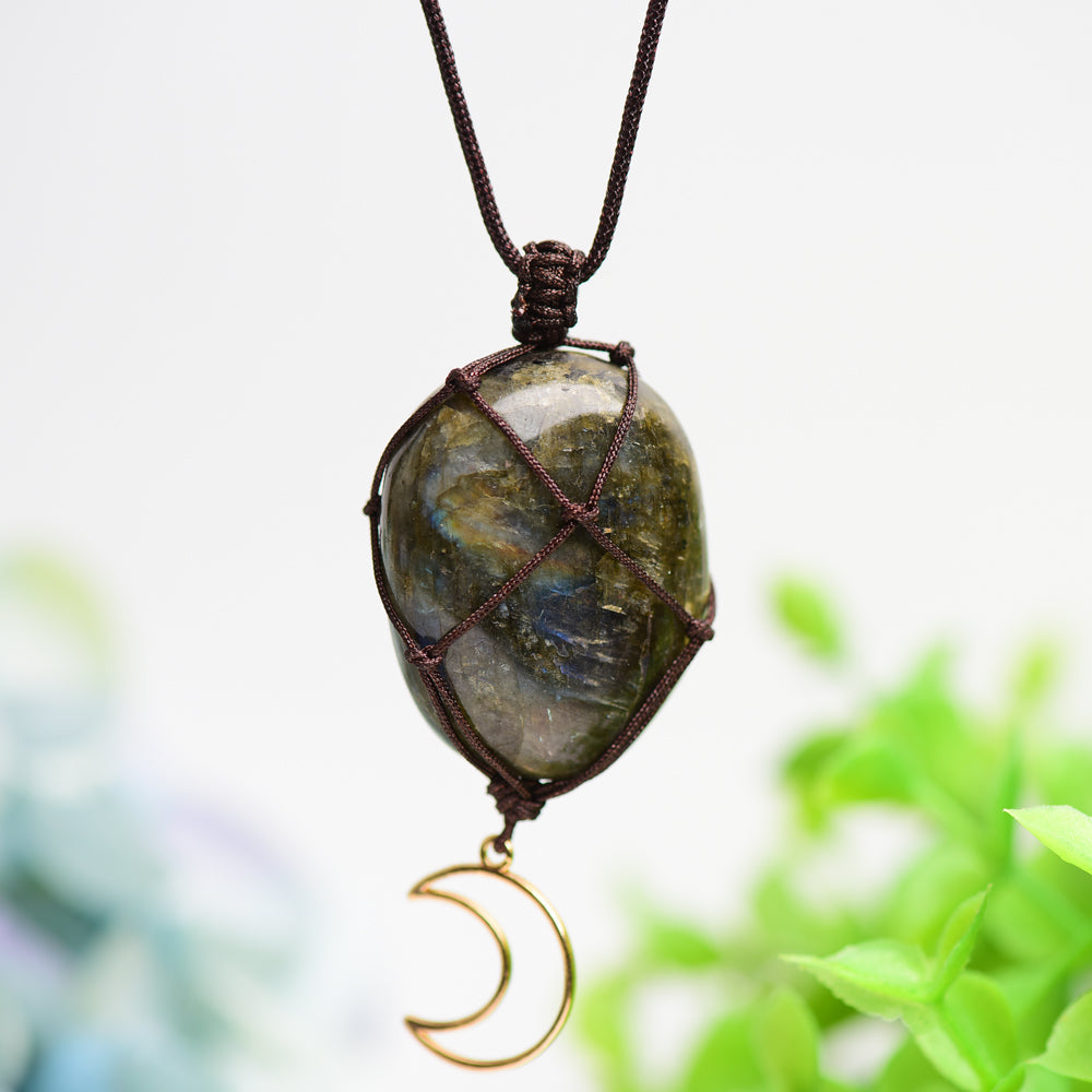 Rope Warrped Labradorite Stone Necklace with metal Moon Decor Bulk Wholesale Wholesale Crystals USA