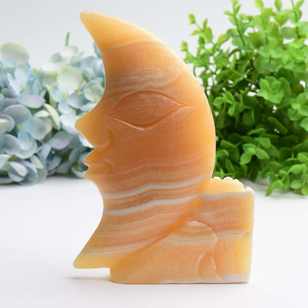 8.0" Huge Orange Calcite Moon Face and Rose Crystal Carving Free Form Bulk Wholesale Wholesale Crystals USA