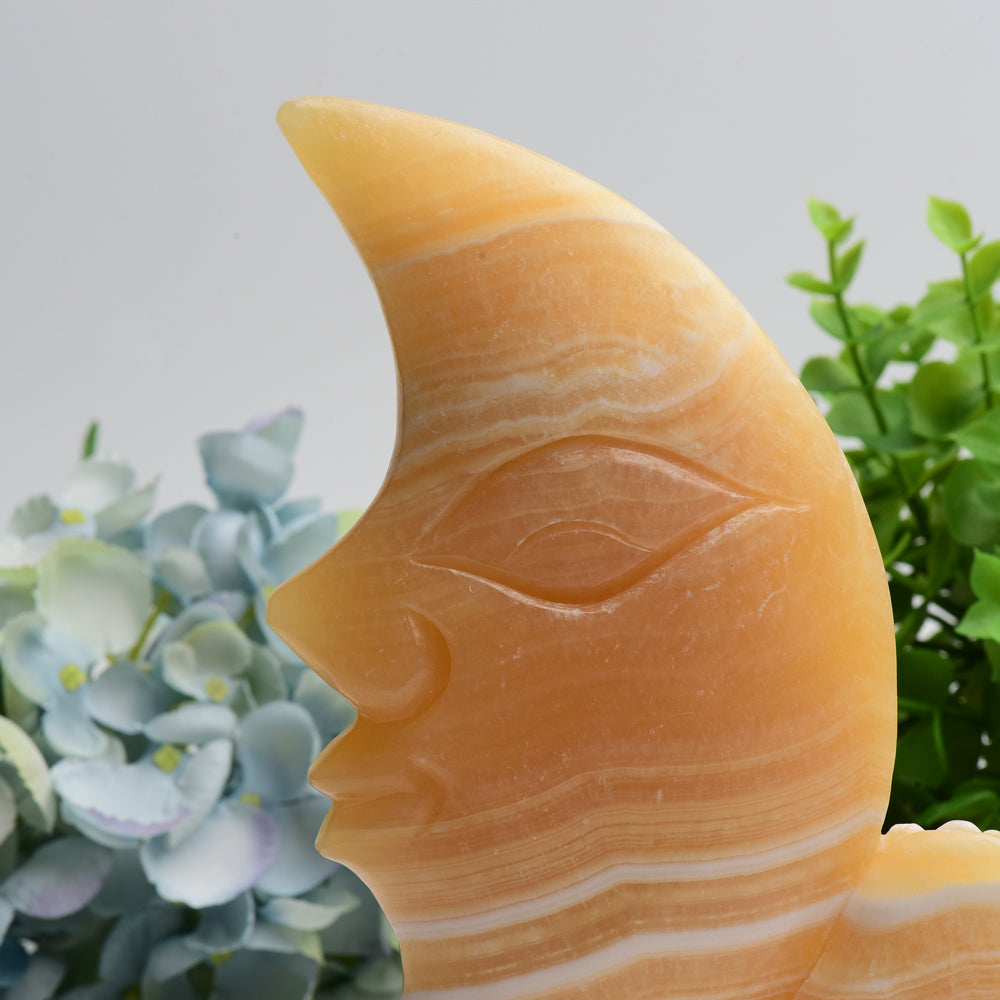 8.0" Huge Orange Calcite Moon Face and Rose Crystal Carving Free Form Bulk Wholesale Wholesale Crystals USA