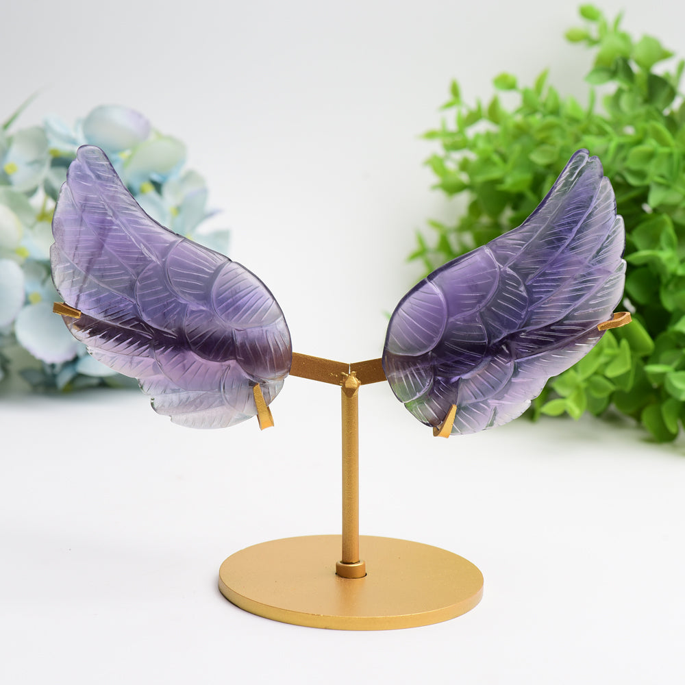 4.0" Mixed Crystal Pair of Wings Carving with Metal Display Stand Bulk Wholesale  Crystals USA