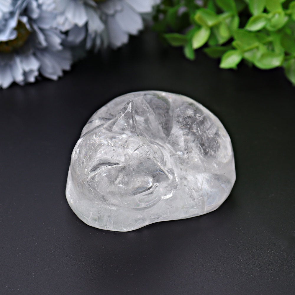 3" Clear Quartz Sleeping Cat Crystal Carvings Wholesale Crystals USA