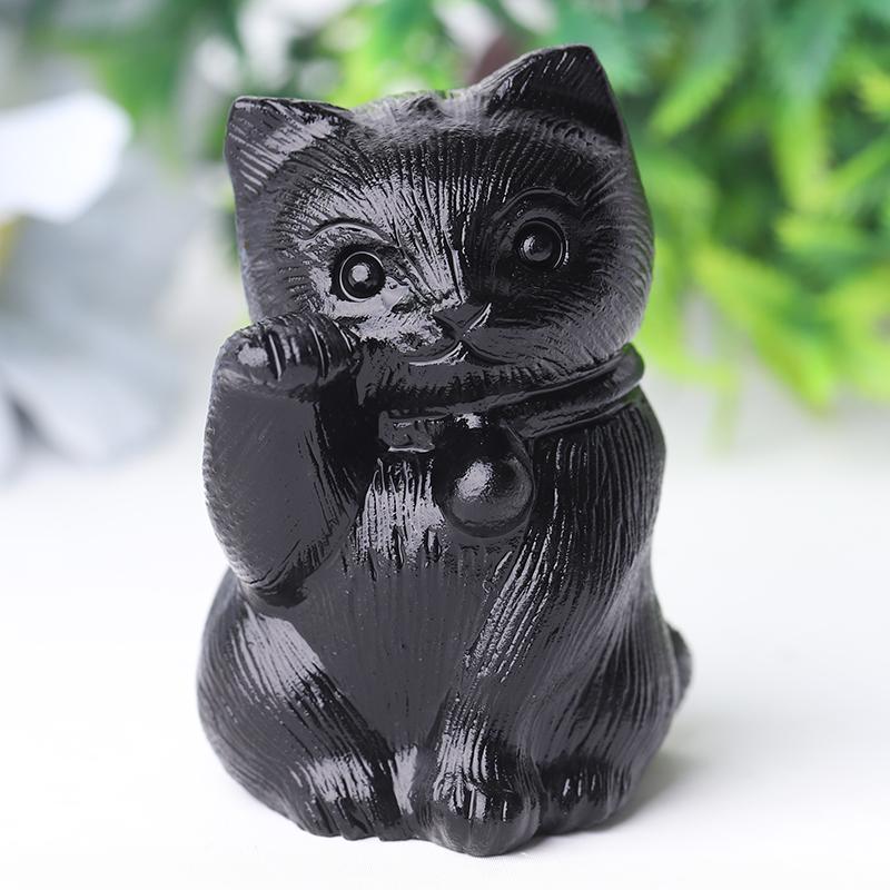 2" Black Obsidian Cute Cat Crystal Carvings for Halloween Wholesale Crystals USA
