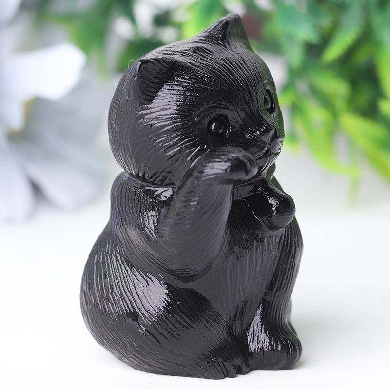 2" Black Obsidian Cute Cat Crystal Carvings for Halloween Wholesale Crystals USA
