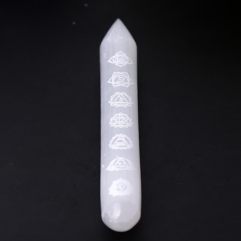 6" White Selenite Wand with Laser Engraved Chakra Pattern