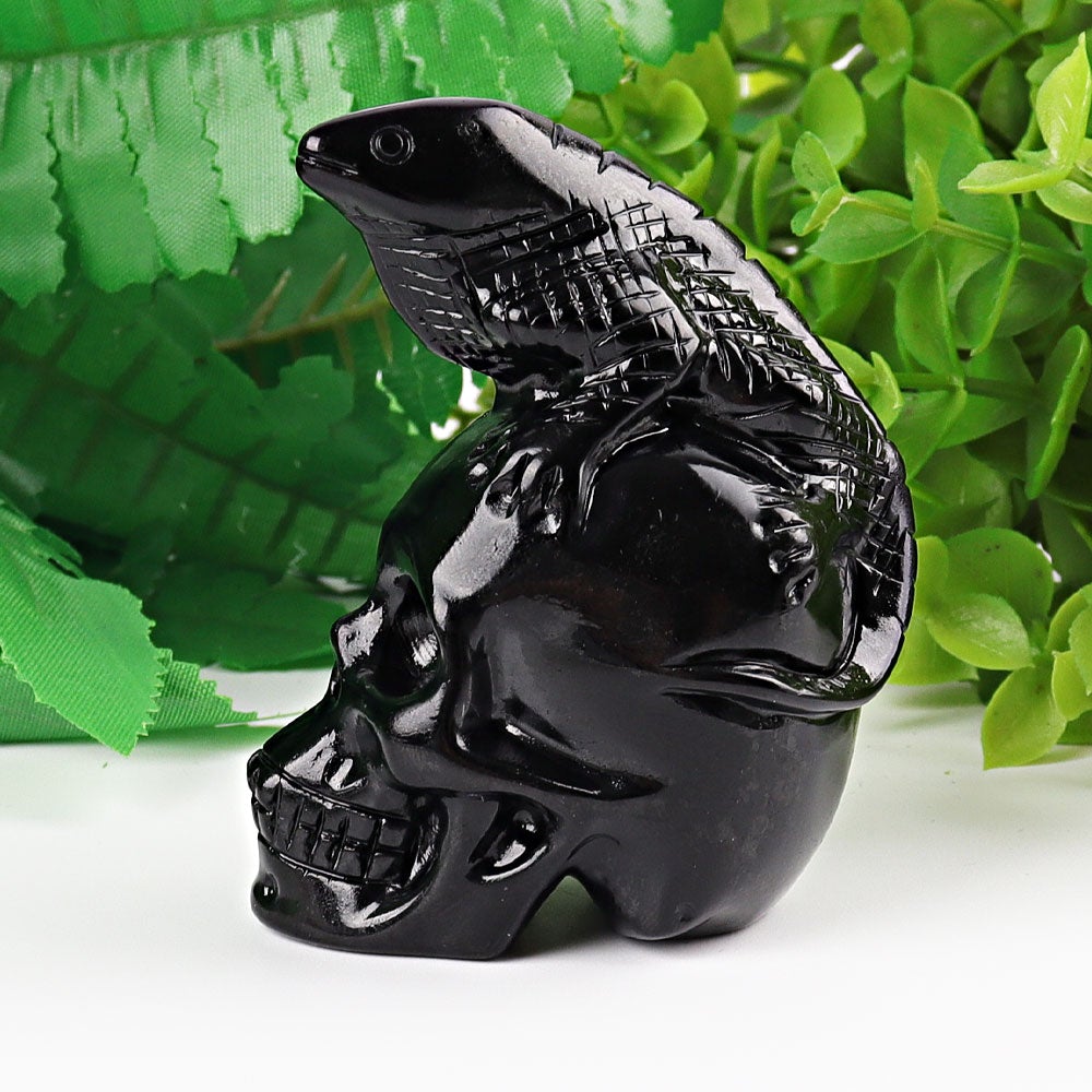 2.8" Black Obsidian Skull with Lizard Decoration Carvings Wholesale Crystals USA