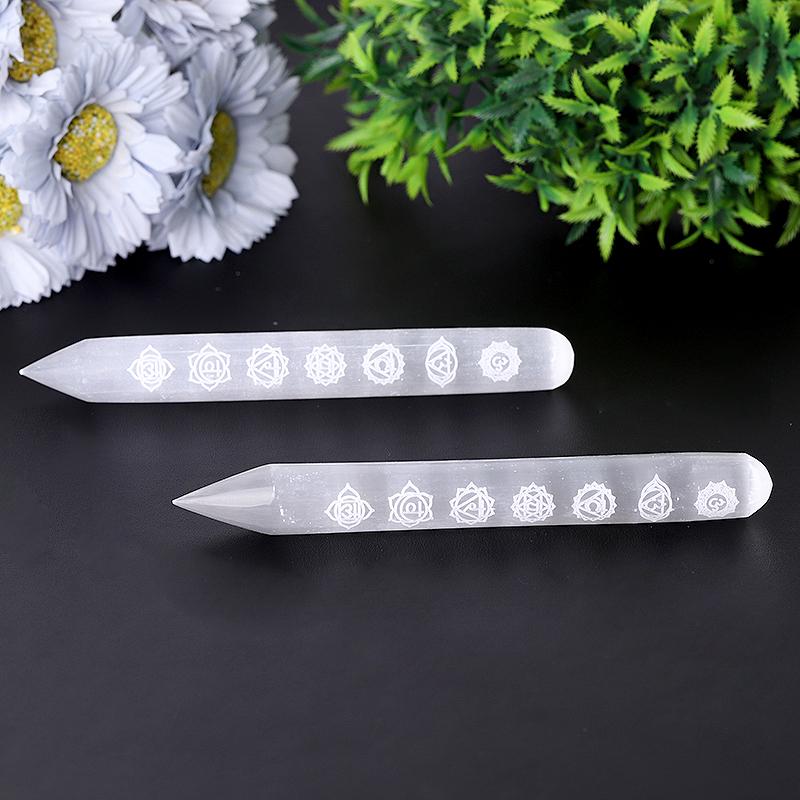 6" White Selenite Wand with Laser Engraved Chakra Pattern