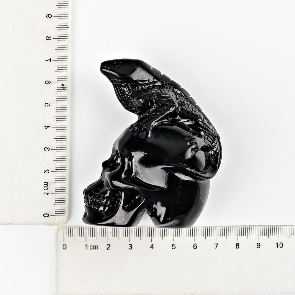 2.8" Black Obsidian Skull with Lizard Decoration Carvings Wholesale Crystals USA